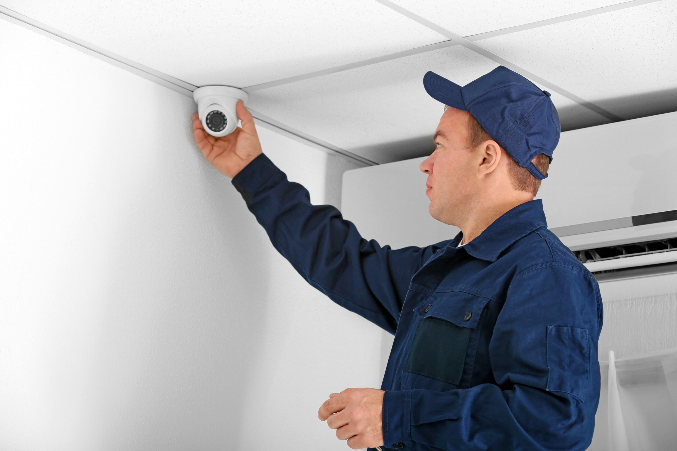 Electrician connecting CCTV camera in office