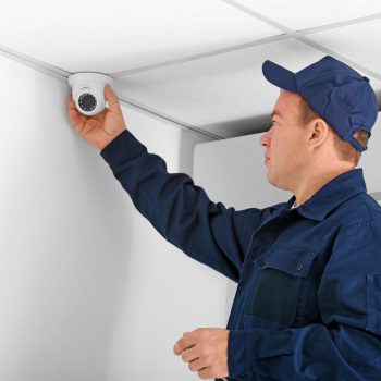Electrician connecting CCTV camera in office